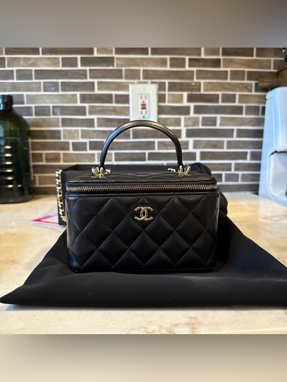 CHANEL Black Quilted Vanity Mini Top-Handle Bag with Gold CC